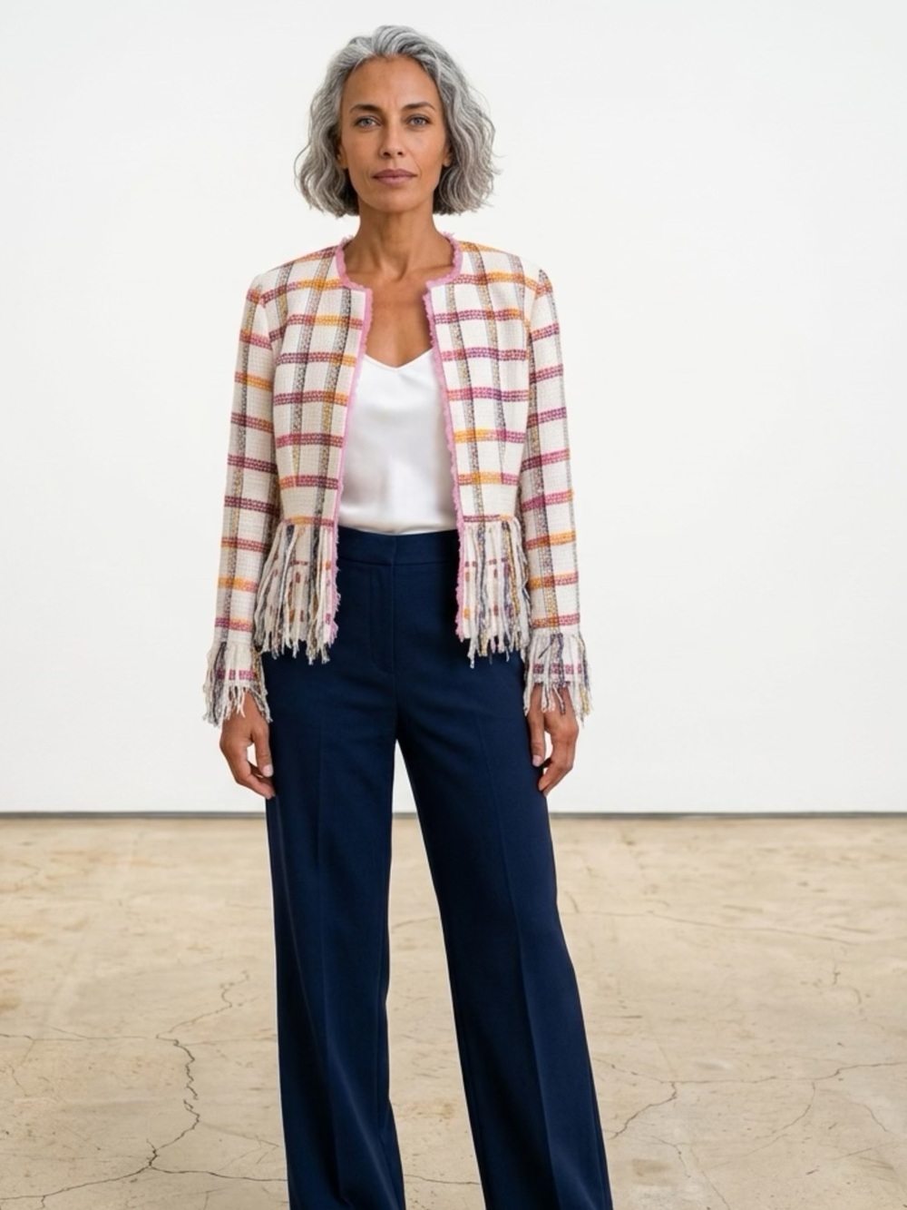 WD.NY Size 10 Woven Fringe Plaid Open Jacket - Pink, Yellow, Purple, Blue, NWT